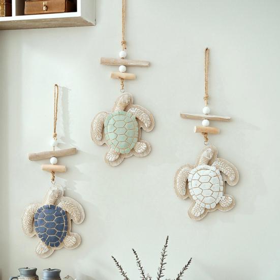 Maritimes Holz-Meeresschildkröten-Hängeornament mit Hanfseil Rustikales Schildkröten-Treibholz Strandwandkunst für Badezimmer Wohnzimmer