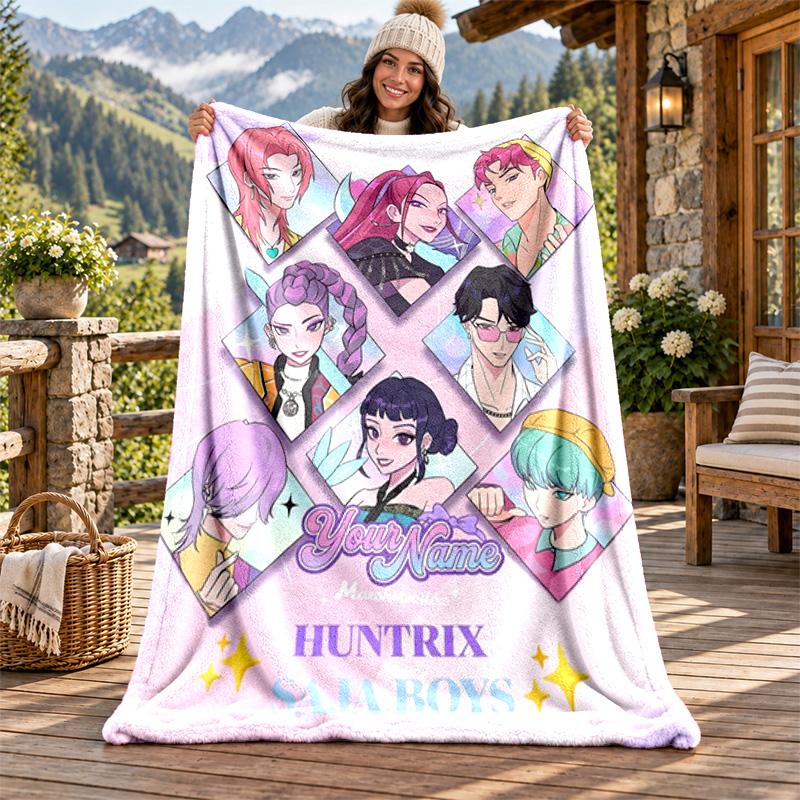 Kpop Demon Hunters Custom Name Flannel Blanket Personalized Soft Warm Plush Throw Blanket Customized Gift for Family Friends