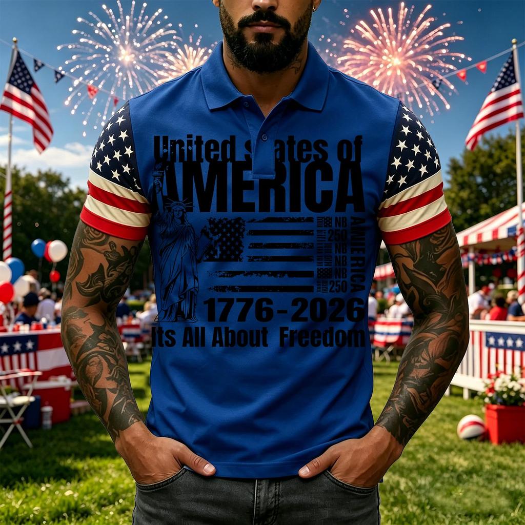 Men's Casual Short Sleeve Polo Shirt with Graphic Print and American Flag Pattern Sleeves Button Down Collar Athletic Fit