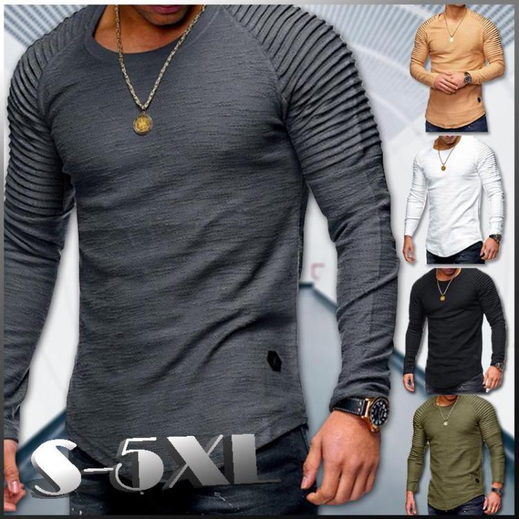 Men Round Neck Pullover T-shirt Casual Tops Spring Autumn Solid Color Fold Slim Fashion Blouse