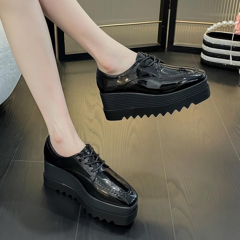 2025 Autumn Women's Thick-soled Muffin Shoes Square Toe Lace-up Waterproof Platform Slope Heel Single Shoes HZB-763-28