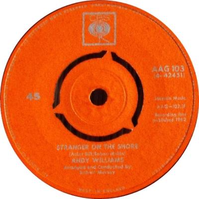 7inch Record ANDY WILLIAMS - Stranger On The Shore AAG103 CBS 1962 UK Pop Used