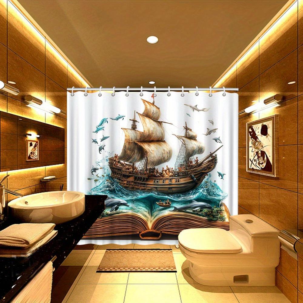 1pc Magical Storybook Art Shower Curtain - Open Book with Wooden Ship, Turbulent Waters, Polyester Woven