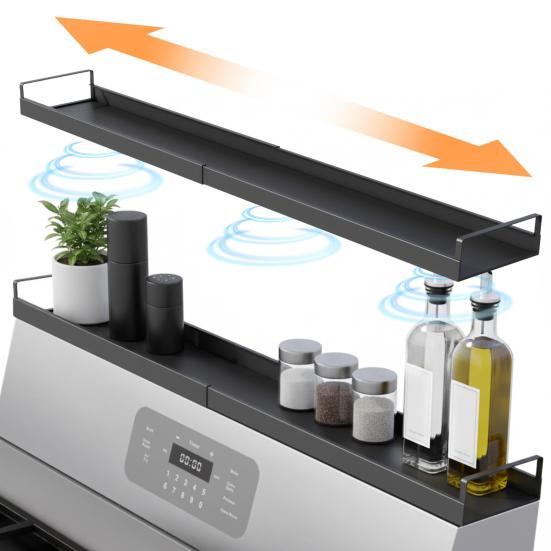 Extendable Spice Rack for Stove Magnetic Carbon Steel Spice Organizer Adjustable Length Tool-Free Installation Stove Top Shelf for Kitchen Countertop