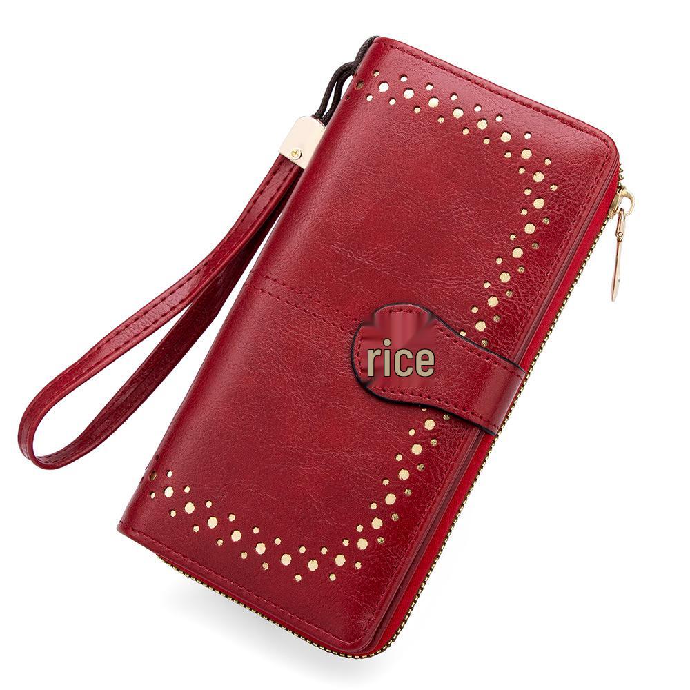 Women's Oil Wax Leather Zip Wallet with Hollow Pattern and Card Holder