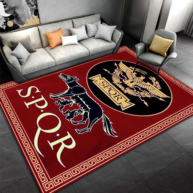Roman-Inspired SPQR Carpet with Eagle and Wolf, Red Gold Pattern Design Suitable for use as an anti-slip for living room bedroom sofas