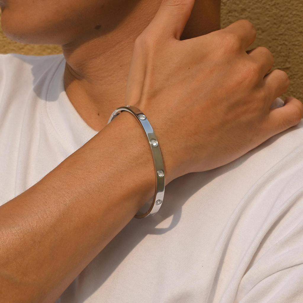 6MM Stylish Men's Bangles,Waterproof AAA CZ Stone Stainless Steel Bracelet,Valentine's Day Anniversaries Birthday Gift for Him