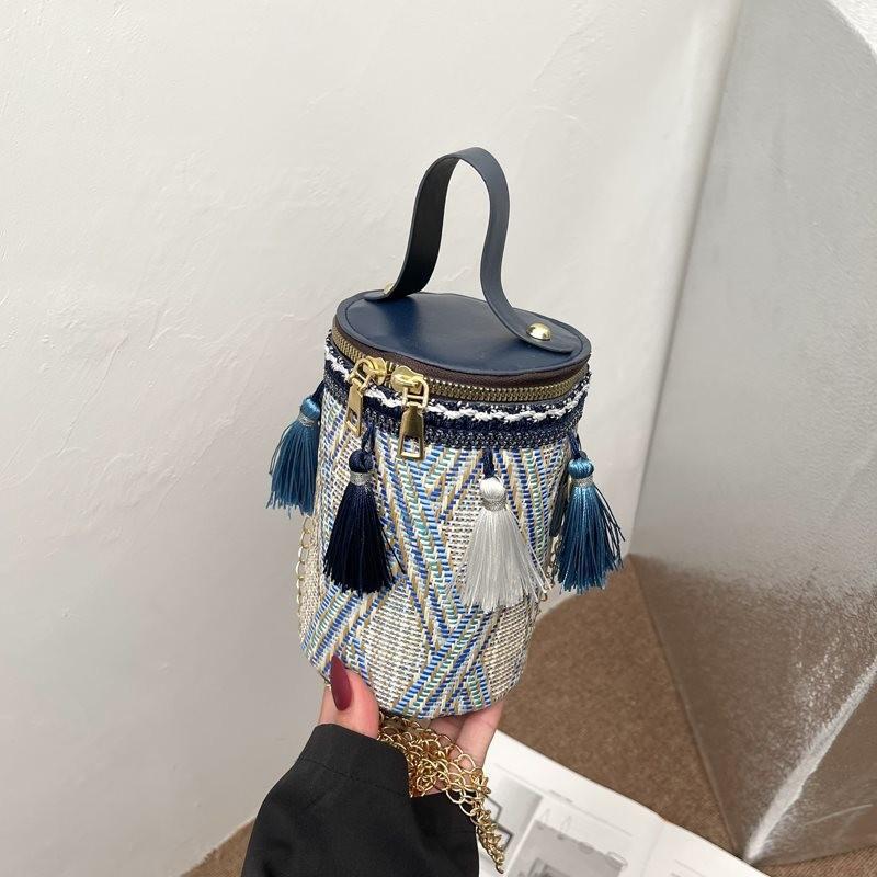 Stylish Round Box Bag For Women In Ethnic Design Soft Weave With Tassel Detail