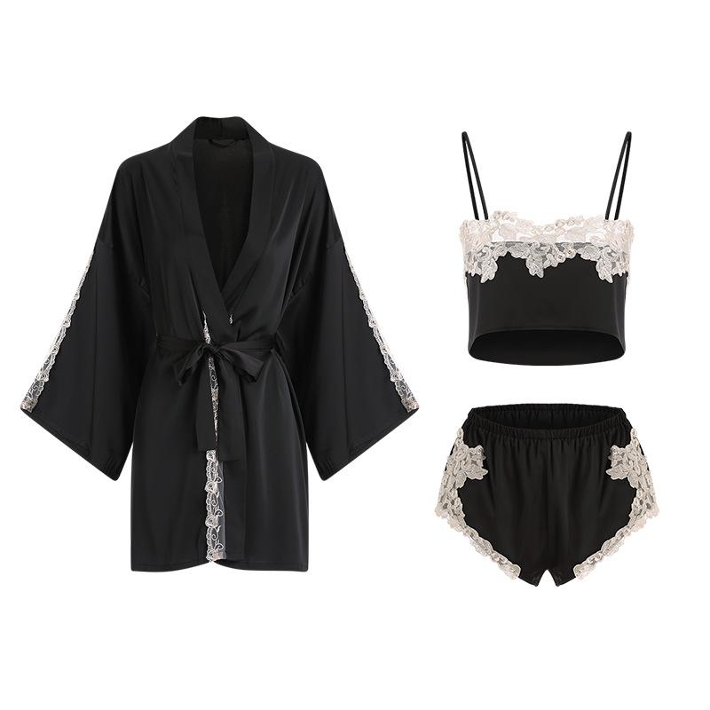 Women's Silky Crop Top Cami Shorts and Robe 3-Piece Lounge Set