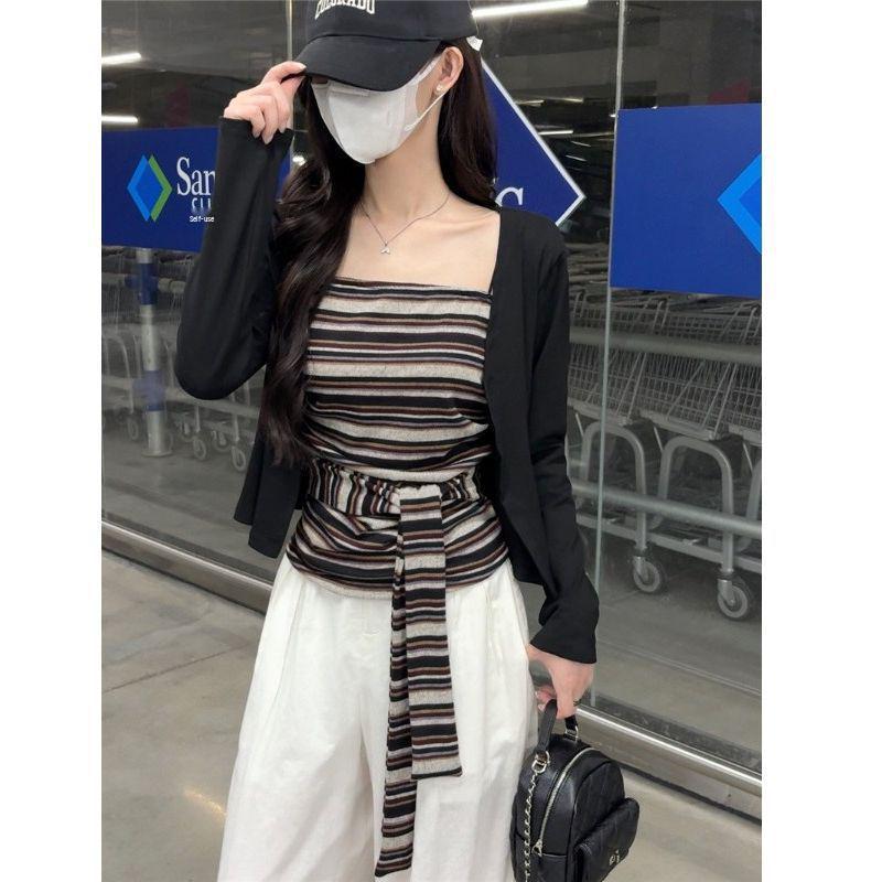 Autumn 2025 Spicy Girl Striped Tie-Up Strapless Shawl Jacket