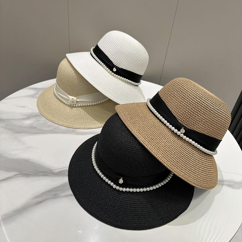 

Spring and summer pearl dome sunscreen straw hat basin hat bucket hat women s straw woven travel sunscreen sun hat Adult average size (56-58cm) чорний