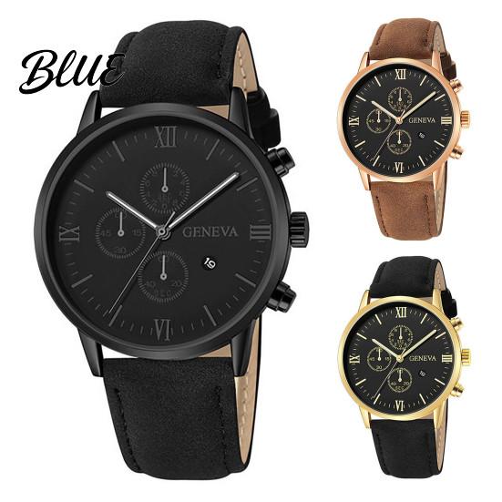 Men Wrist Watch Calendar Faux Pointer Display Dial Precise Quartz Round Shockproof Scratch-resistant Leather Strap