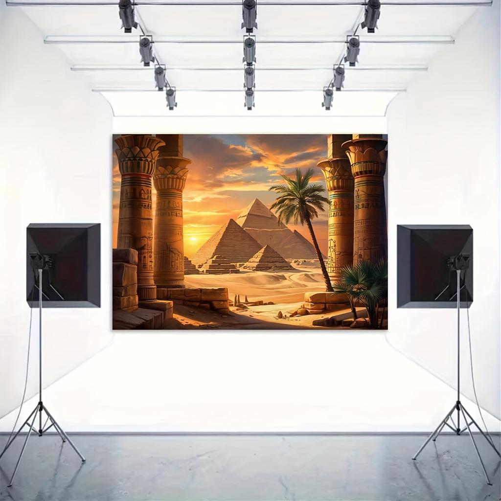2D Flaches Hintergrundbanner - Antike Ägyptische Säulen Wüstenpyramide Sonnenuntergangsszene, Partydekoration