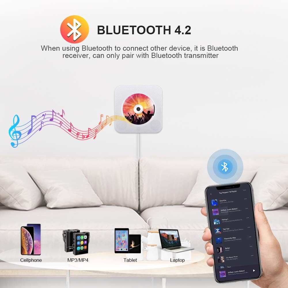 Portable CD Player with Bluetooth, Qoosea Wall Mountable CD Players Music Player Home Audio Boombox with Remote Control FM Radio Built-in HiFi