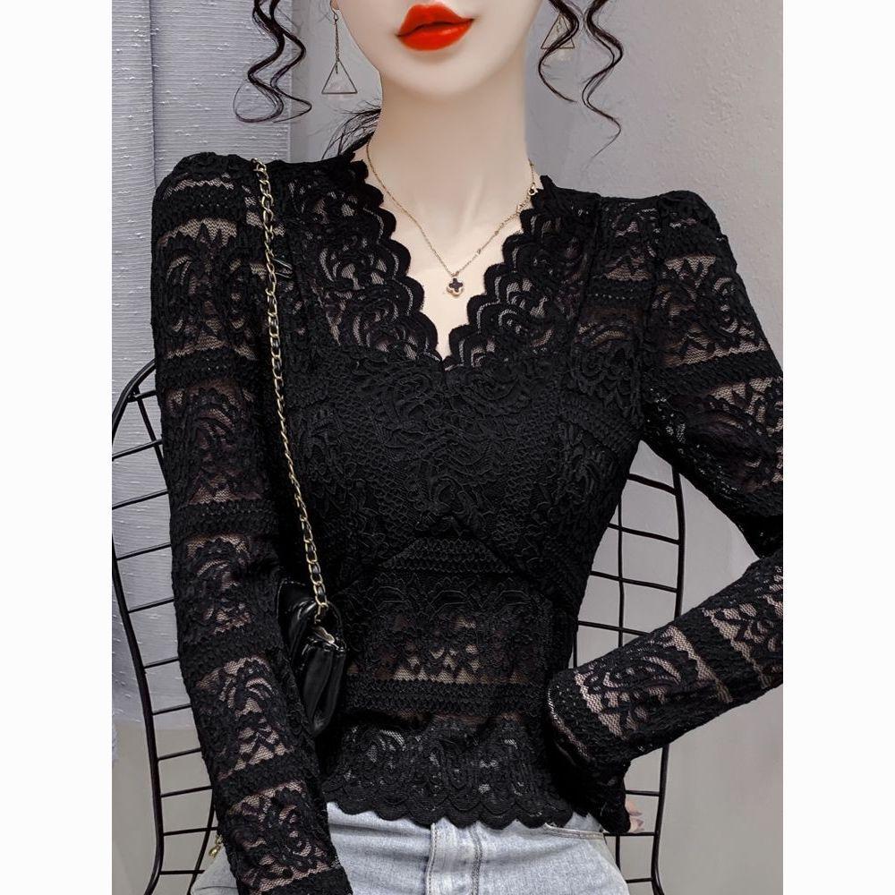 Women's Slim Fit French Collar Lace Shirt - Long Sleeve, Hollow Out, Sexy Spring Top