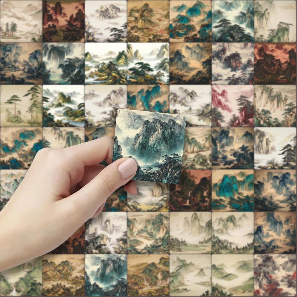 50-Sheet Set of Traditional Chinese Landscape Ink Wash Stickers: Cultural and Creative Decor for Journals, Water Bottles, and Laptops