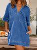 Damen V-Ausschnitt Kurzarm Locker Sitzendes Midi-Kleid Lässiges Denim-Hemdkleid Mit Taschen