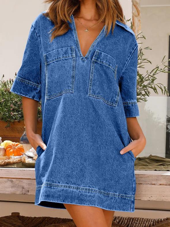 Damen V-Ausschnitt Kurzarm Locker Sitzendes Midi-Kleid Lässiges Denim-Hemdkleid Mit Taschen