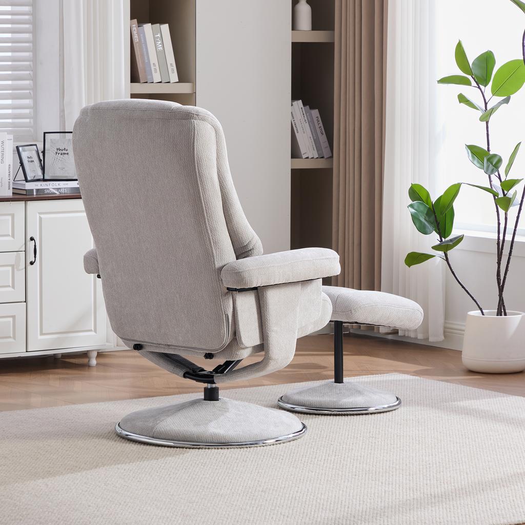 Nordic Multifunctional Swivel Recliner Chair with Stool, Chenille Fabric, Fabric-Covered All-Metal Base – Aesthetic, Reliable.GRAY