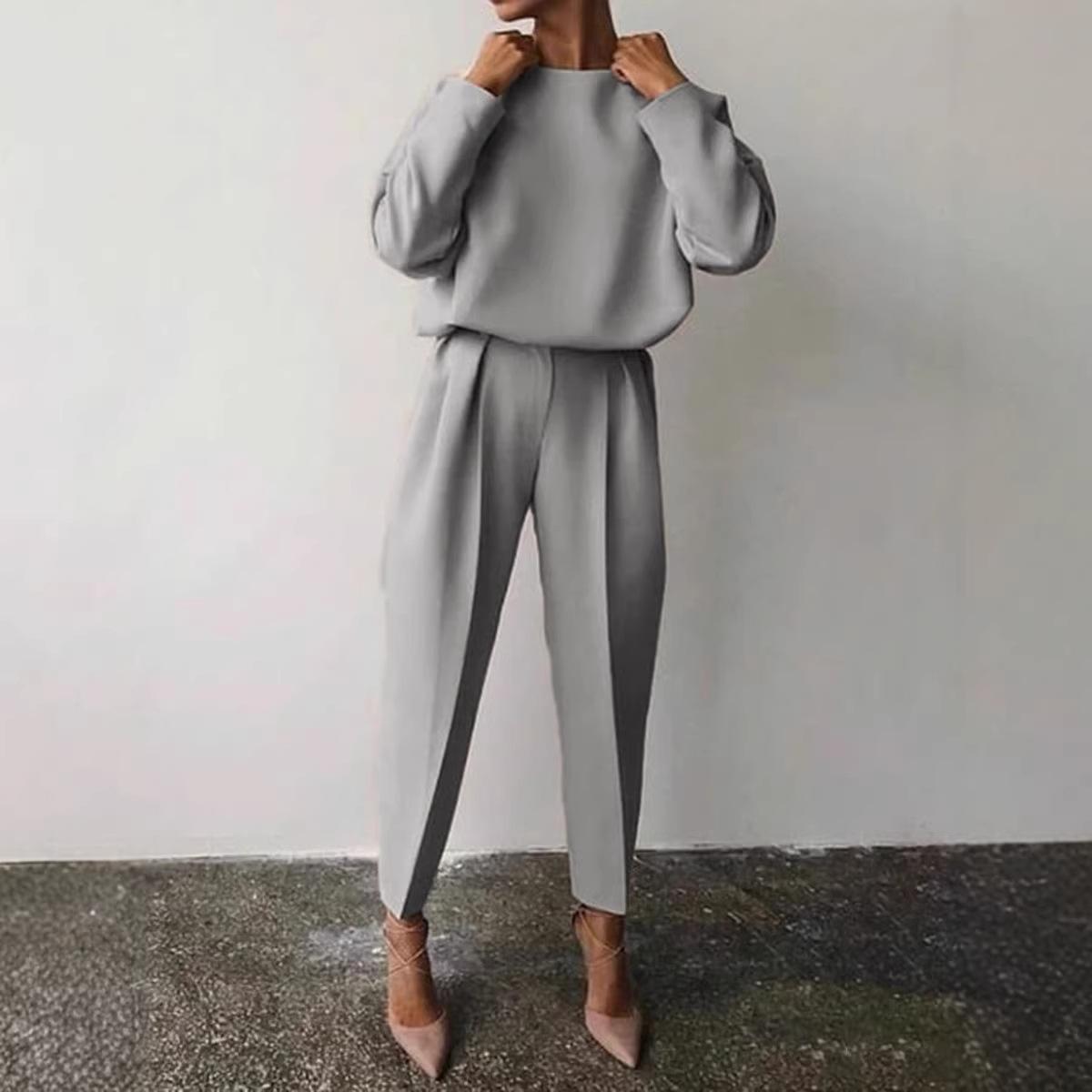 2026 Women s Autumn Solid Color Long Sleeve Casual Two-Piece Simple Set S серый