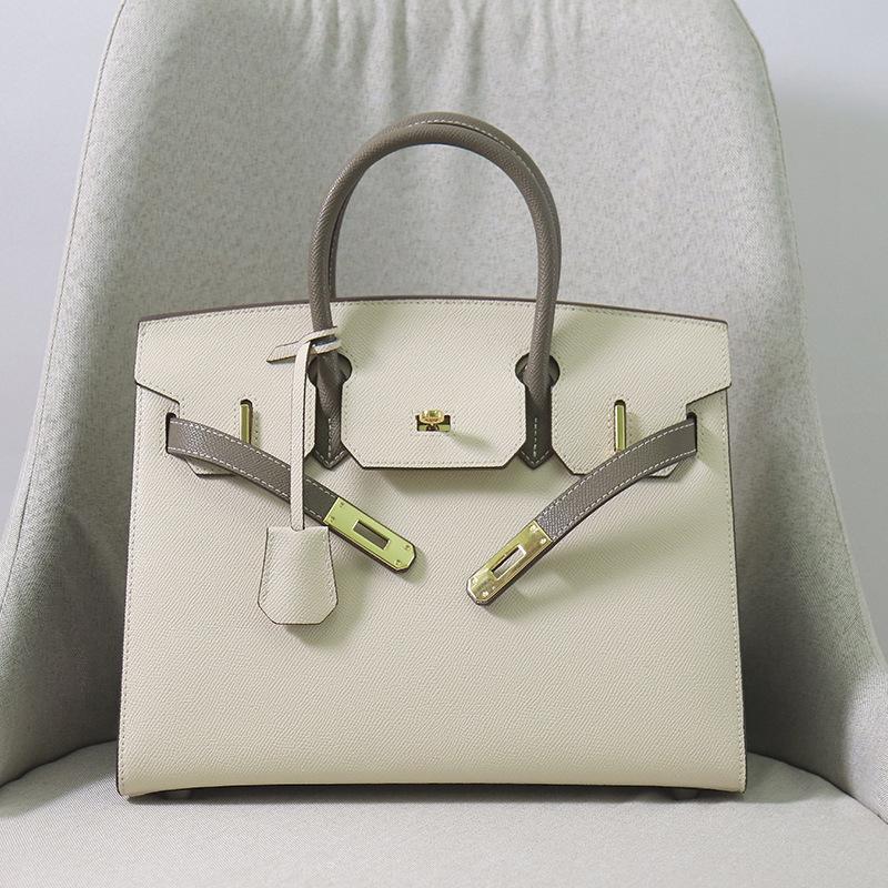 

A-grade palm pattern cowhide explosive women s contrast platinum bag leather outer seam oil-edged shoulder bag 25cm