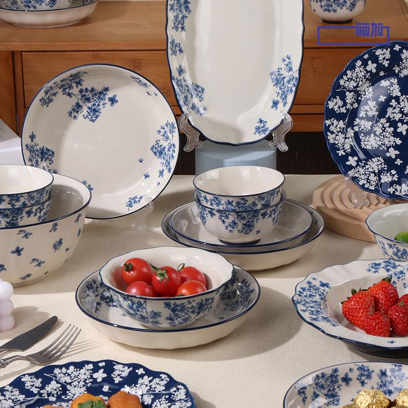 Shunxiang Jialan English Retro Ceramic Bowl & Plate Set - Underglaze Tableware for Soup & Rice.