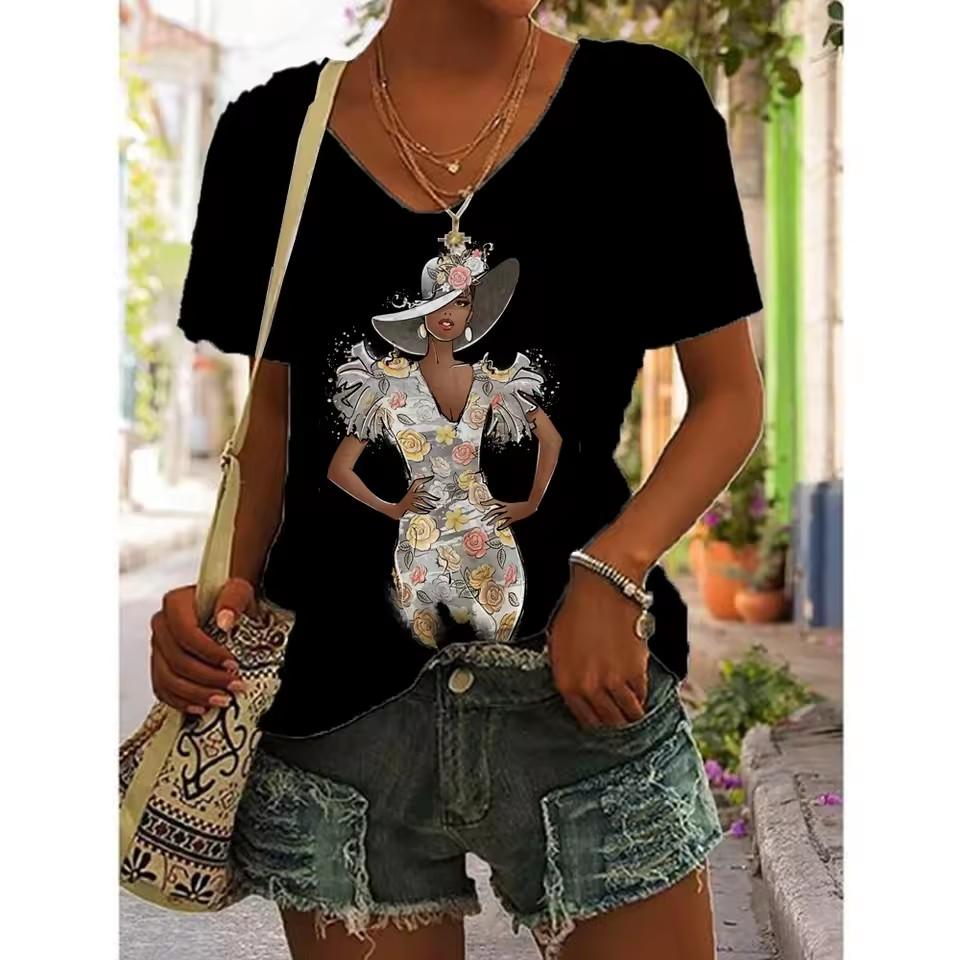 

Женская футболка с V-образным вырезом, повседневные модные топы с коротким рукавом, цветочные принты, большие размеры, свободная женская одежда, футболка для активного отдыха 3XL