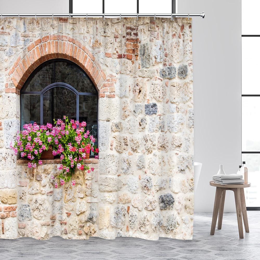 

Italian Town Landscape Shower Curtains Vintage Architecture Flowers Plants Nature Scenery Polyester Home Bathroom Curtain Decor W60H190(CM)-1 Pcs