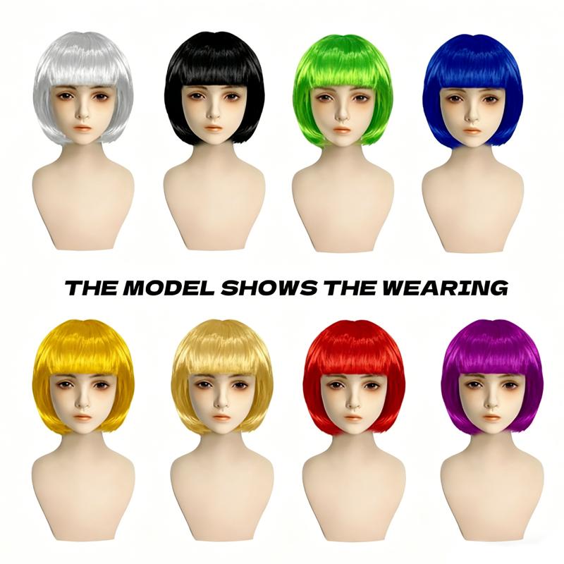 Colored Bob Synthetic Hair Wigs with Bangs for Women Halloween Costume Cosplay Party Use Black Green Purple Pink Blonde