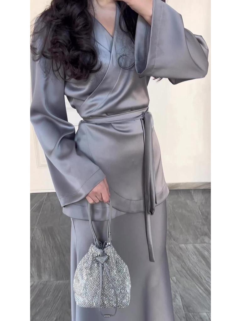 2024 Spring Satin Patchwork Waist-Hugging Long Dress Set for Women