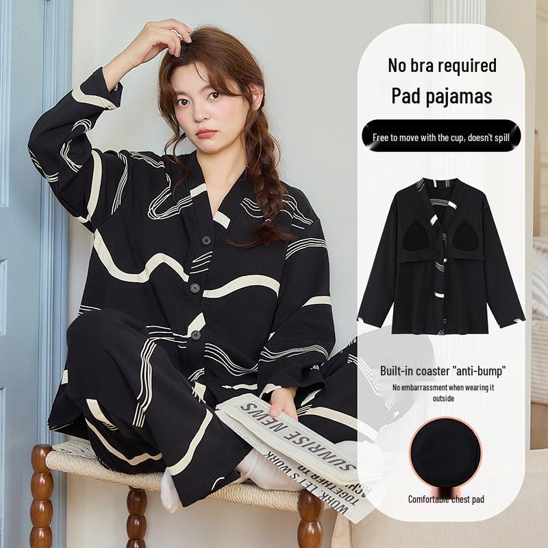 Women's Retro Print Cotton Pajama Set - V-Neck Cardigan, Loose Fit, Comfy Korean Style, Spring/Autumn.