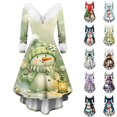 Damenmode V-Ausschnitt Lässig Schlank Weihnachten Bedruckte Party Langarmkleider Freizeitkleid