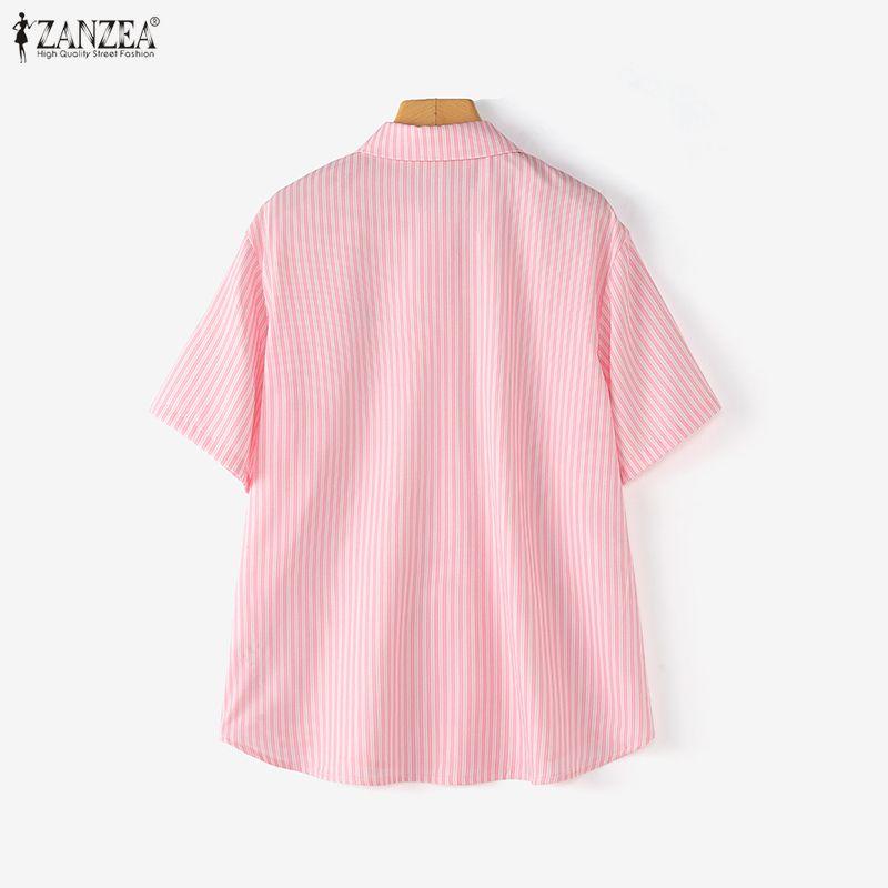 ZANZEA Women Casual Turn Down Collar Short Sleeve Loose Stripe Blouse