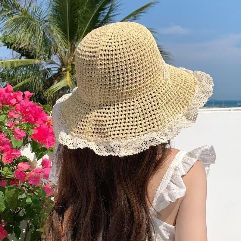 Rural Style, Tied with Ribbons, Sun Hat, Women's, Summer Seaside, Beach Vacation Style, Hollowed Out Large Brim, Sun Hat