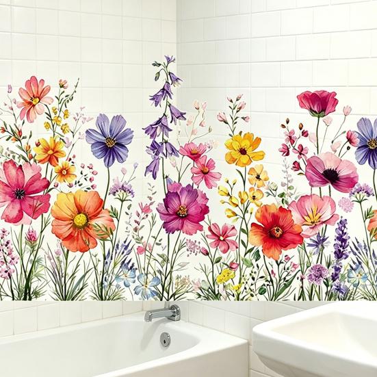 Adesivo Colorato Floreale per Finestra Primavera Estate Fiori Selvatici Statico Pellicole per Finestra Biadesive Decalcomanie Anti-Collisione per Porte in Vetro per Soggiorno Camera da Letto