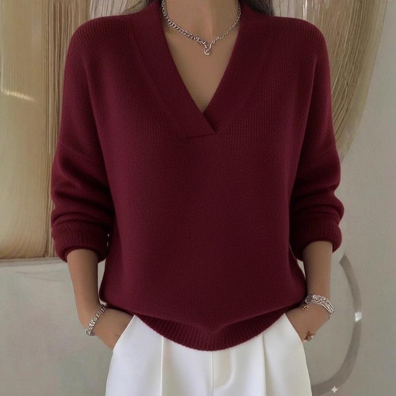 2025 Knitted V-neck Loose Sweater Autumn and Winter New Solid Color Casual Fashion Women's Sweater