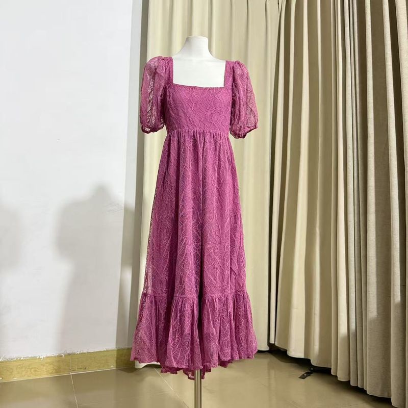 

Lace Mid-Length Puff sleeve Square Collar Dress Picture Red L