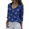 Solid Color Plus Size Women Butterfly Print Chiffon Blouse Long Sleeve Turn Down Collar Button Up Tops