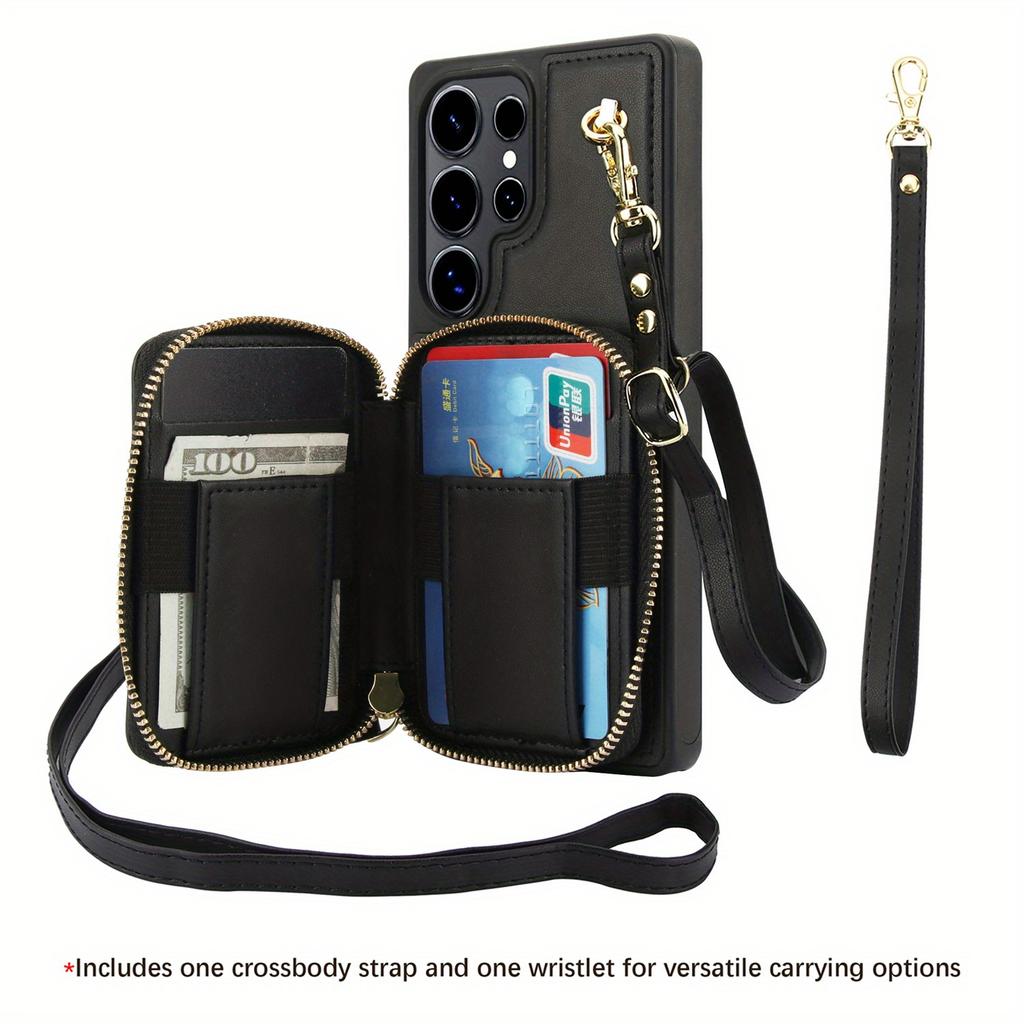 Zipper Wallet Case for Samsung S25 Ultra S24 Plus S23 A16 A55 A15 A35 RFID Blocking Crossbody Purse with Card Slots Wrist Strap