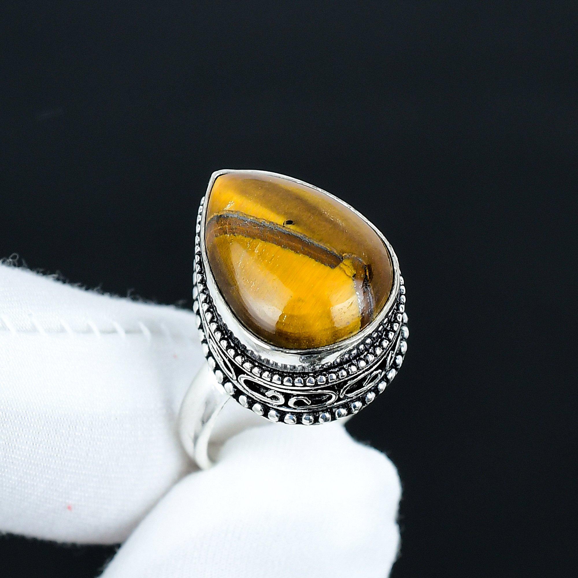 

Natural Tiger Eye Gemstone Ring, 925 Sterling Silver Jewelry, Handmade Ring, Tiger Eye Statement Silver Ring, Birthday Gifts For Women US 16 коричневый