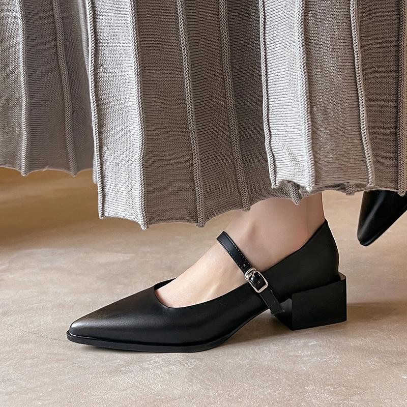 Fashion 2025 New Spring Women Pumps Pointed Toe Genuine Leather Women Shoes Buckle Strap Mary Janes Ladies Shoes Cowhide Leather