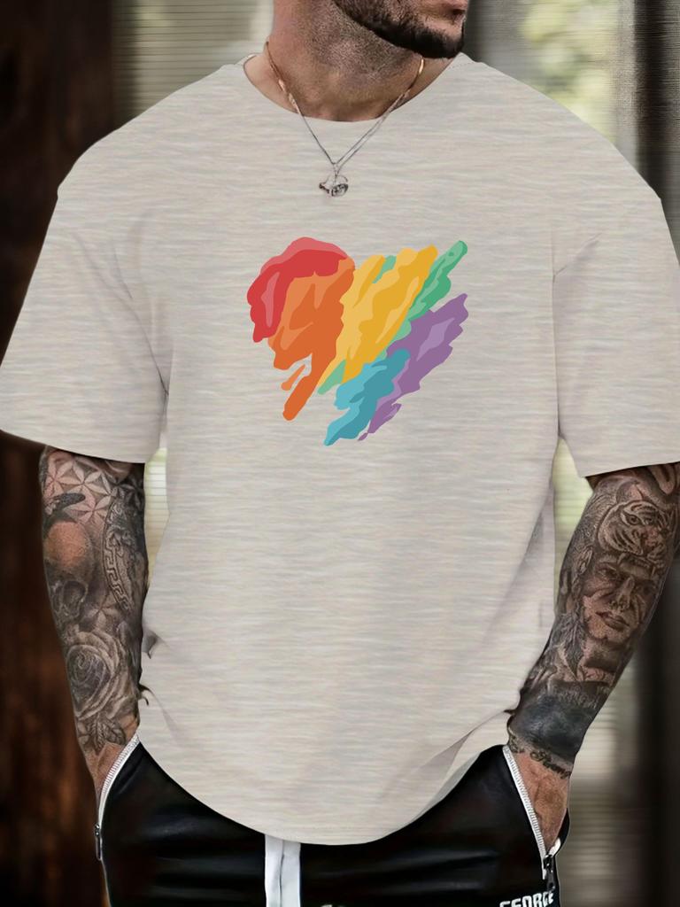Mens Casual Tshirt Rainbow Heart Print Short Sleeve Round Neck Breathable Soft Oversized Vibrant Daily Wear Tee