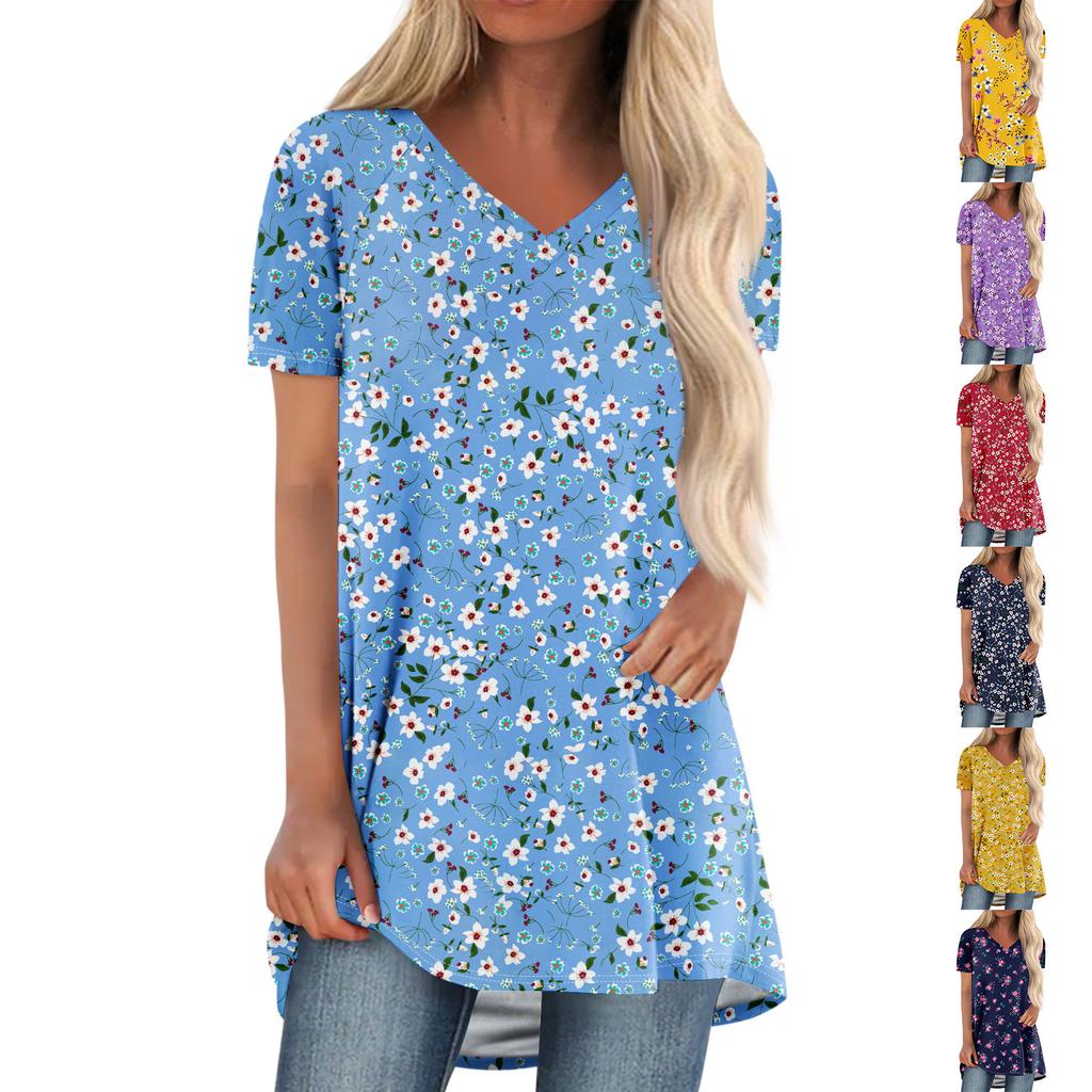 Ladies Short Sleeve Pleated Loose Tops Plus Size Casual Tops V Neck Short Sleeves Casual Summer T Shirts Ladies Tops T Shirts Shirts