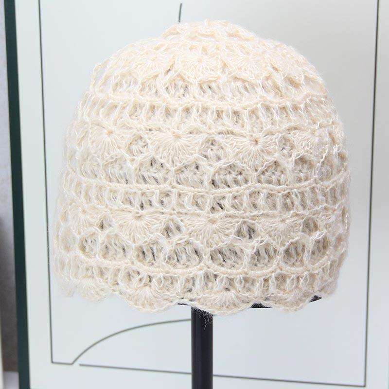 Handmade crochet knitted hat women's autumn and winter hollow flower bag head hat literary and retro wool hat double-layer casual cold hat