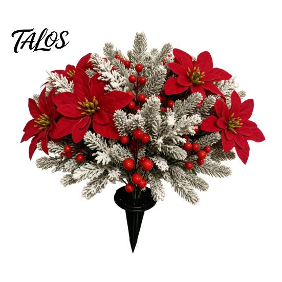 Red Poinsettia Stakes 17Pcs Christmas Stems, Artificial with Frosted Pine Branches Reusable Holiday Floral Berries, Faux Winter Picks for Outdoor Yard