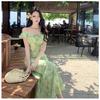 Online business French green small flying sleeves floral dress children's summer V-neck elegant temperament style explosion
