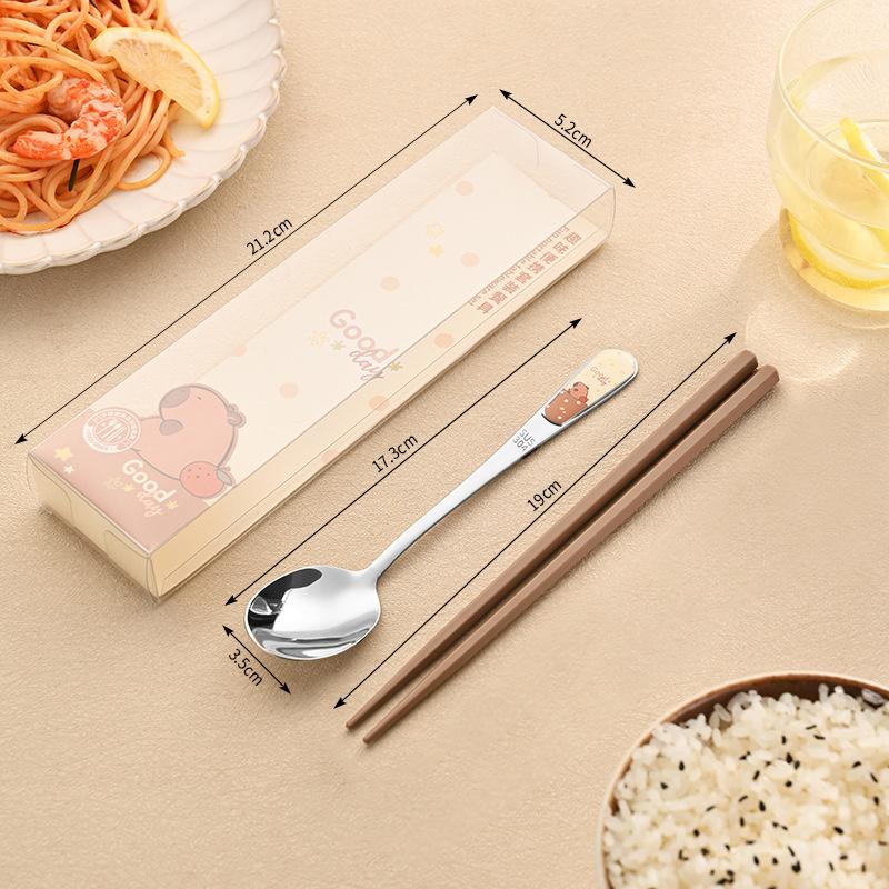 Edelstahl Besteckset Tragbarer Löffel Essstäbchen mit Box Reise Studenten Geschirrset Niedliches Cartoon Tiermuster