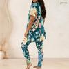 Women Plus Size Round Neck Short Sleeve Floral Printed Mint Green Two Piece Set Side Split Top Long Pants