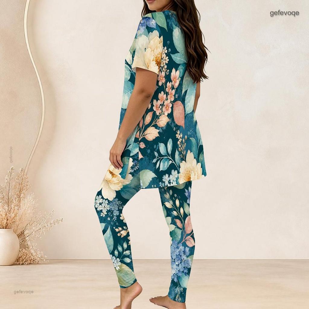 Women Plus Size Round Neck Short Sleeve Floral Printed Mint Green Two Piece Set Side Split Top Long Pants