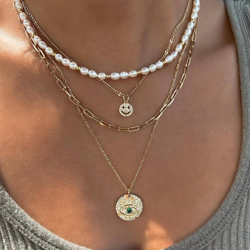Layered Alloy Chain Necklace With Smile Face And Evil Eye Design For Ladies